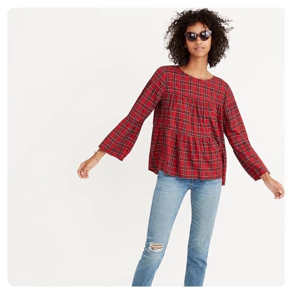 Madewell Size Small Red & Black Plaid Tiered Button Back Swing Top - Picture 2 of 11